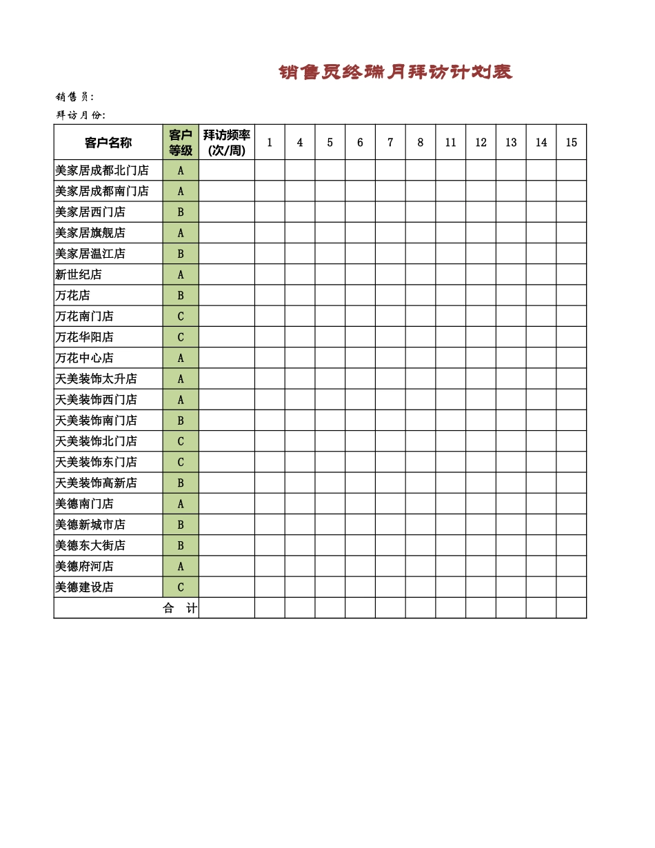 销售员终端月拜访计划表_第1页