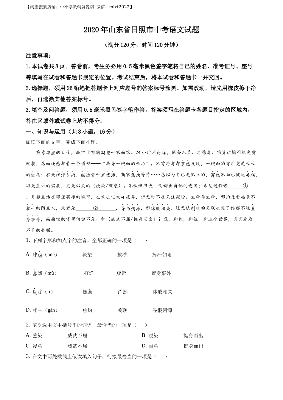 精品解析山东省日照市2020年中考语文试题（原卷版）_第1页