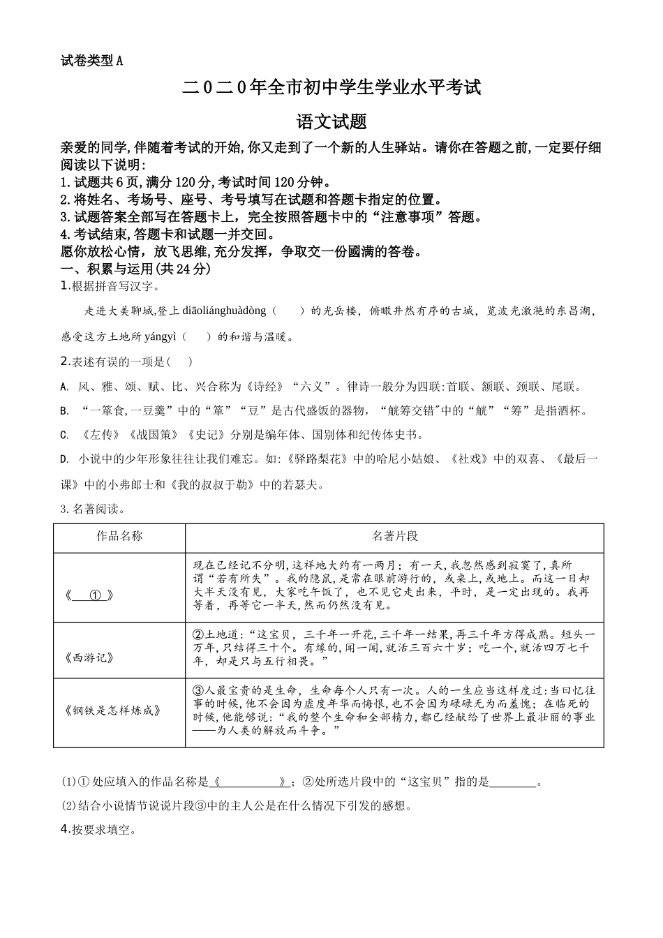 精品解析山东省聊城市2020年中考语文试题（原卷版）_第1页