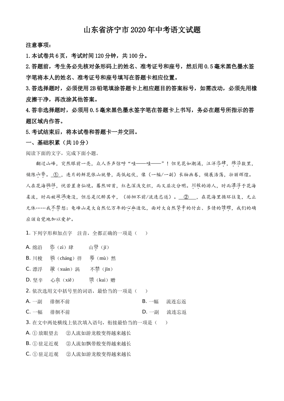精品解析山东省济宁市2020年中考语文试题（原卷版）_第1页