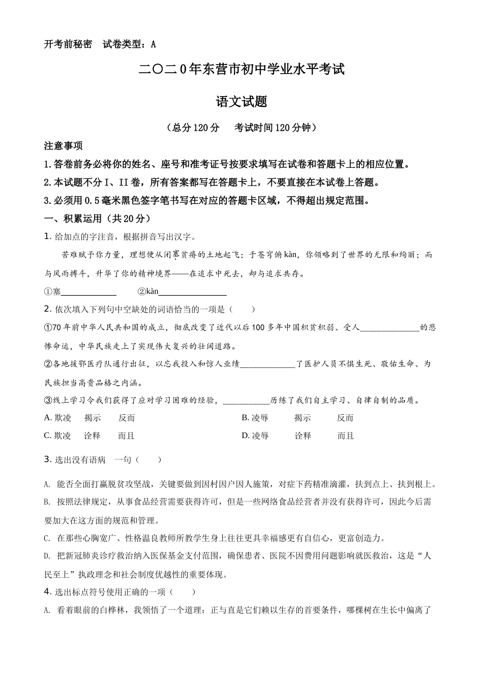精品解析山东省东营市2020年中考语文试题（原卷版）_第1页