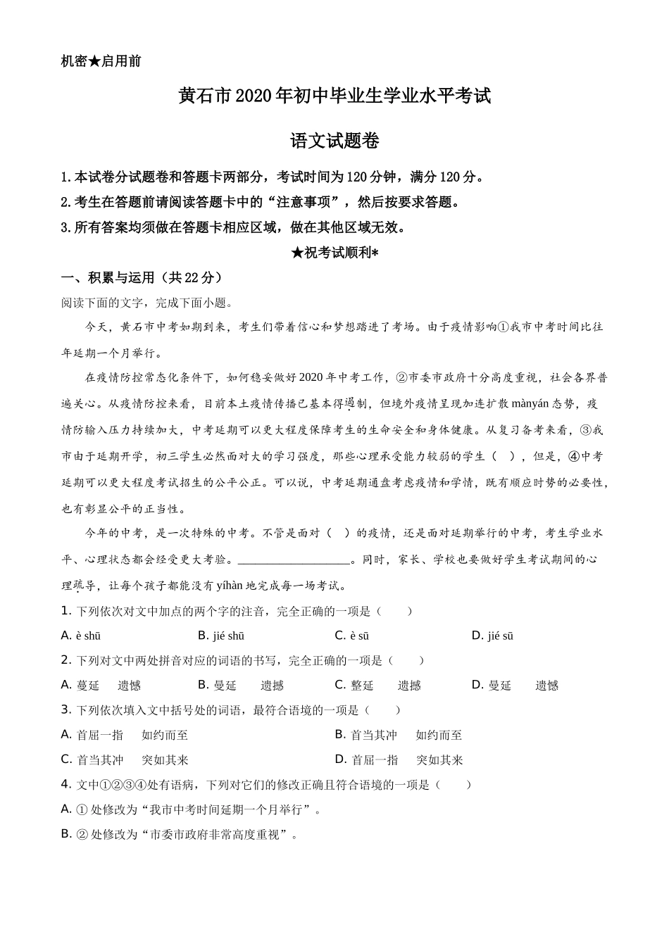精品解析湖北省黄石市2020年中考语文试题（解析版）_第1页