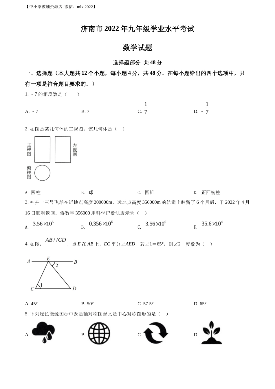 精品解析2022年山东省济南市中考数学真题（原卷版）_第1页