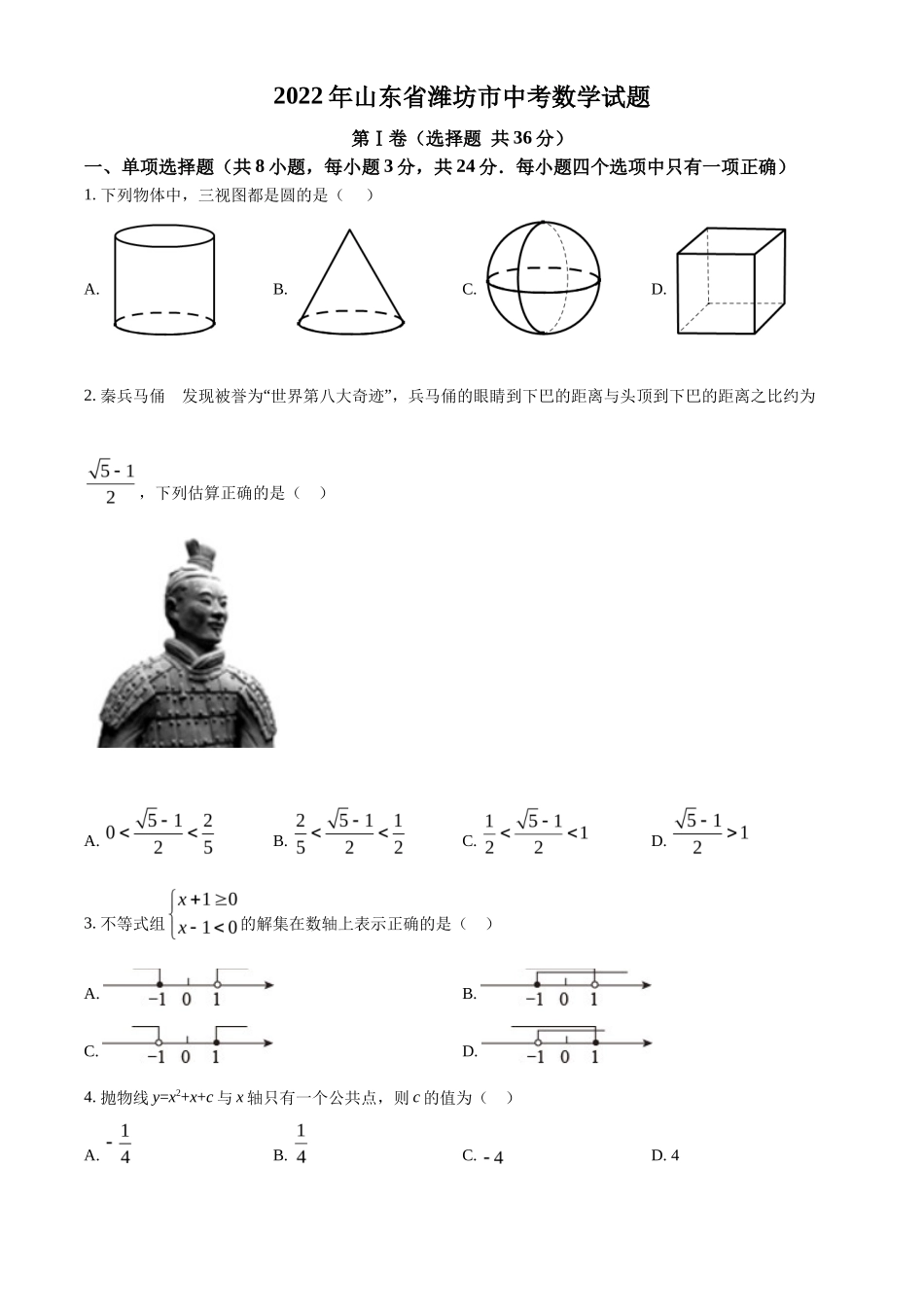 精品解析2022年山东省潍坊市中考数学真题（原卷版）_第1页