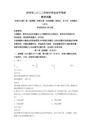 精品解析2022年四川省泸州市中考数学真题（解析版）