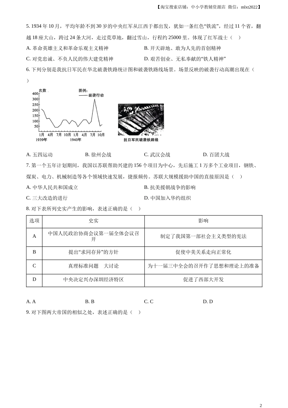 精品解析：2024年陕西省中考历史真题（A卷）（原卷版）_第2页