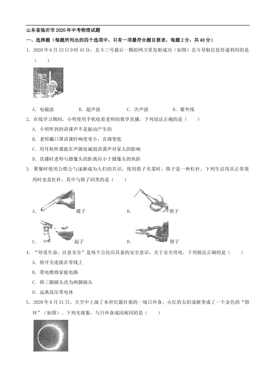 山东省临沂市2020年中考物理试题（word版，含解析）_第1页