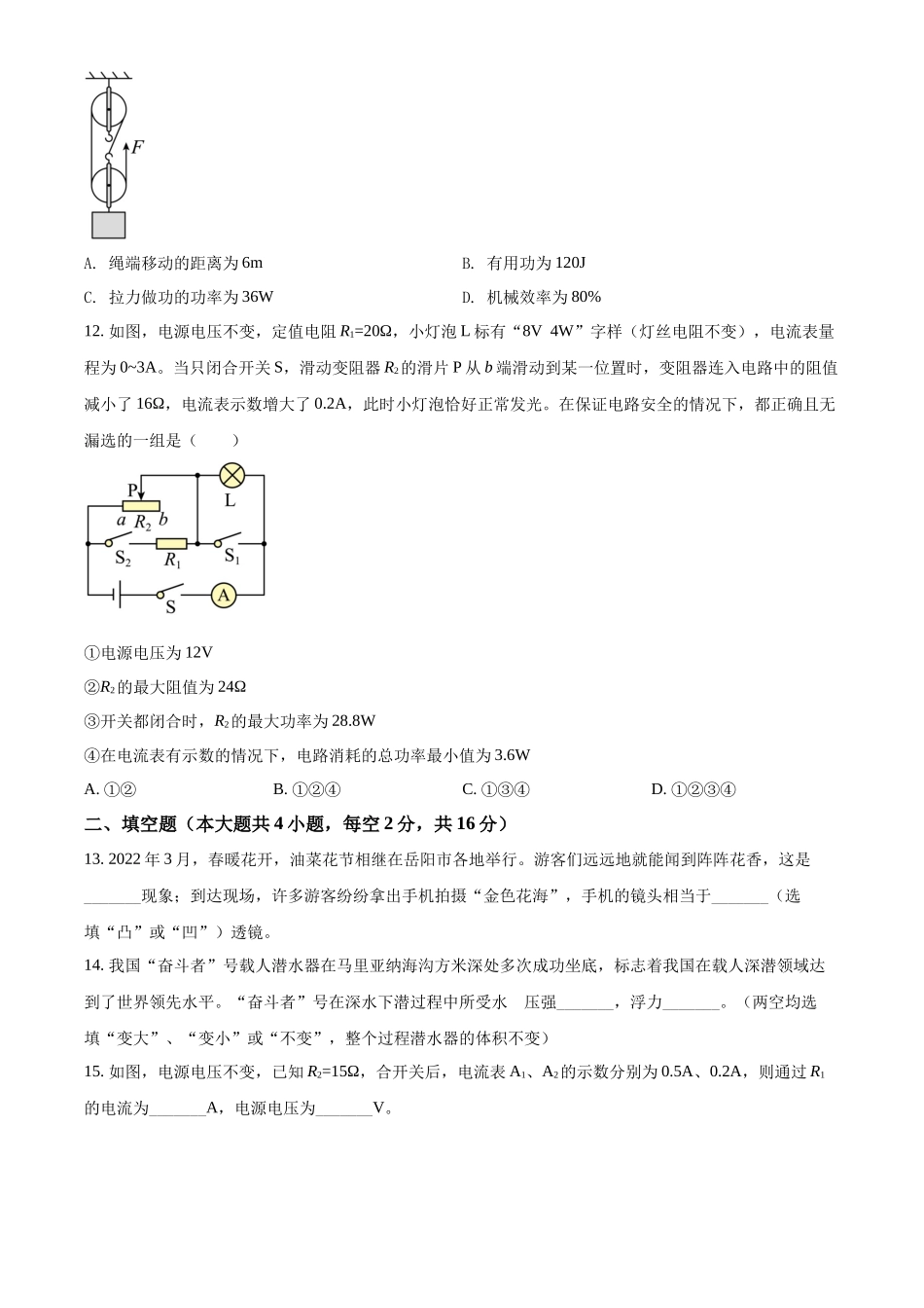 精品解析：2022年湖南省岳阳市中考物理试题（原卷版）_第3页