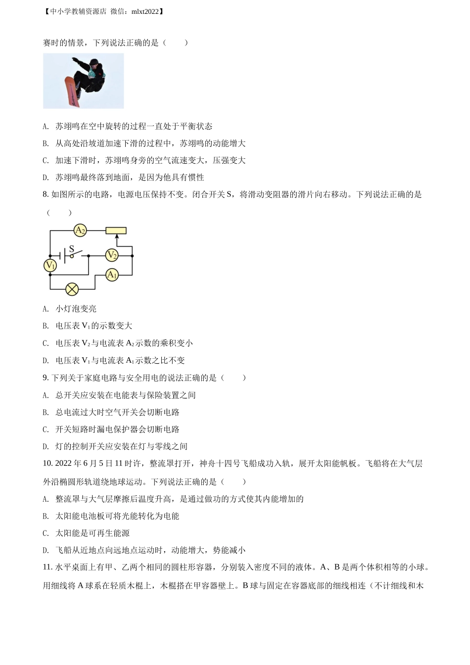 精品解析：2022年辽宁省抚顺市、葫芦岛市中考物理试题（原卷版）_第3页