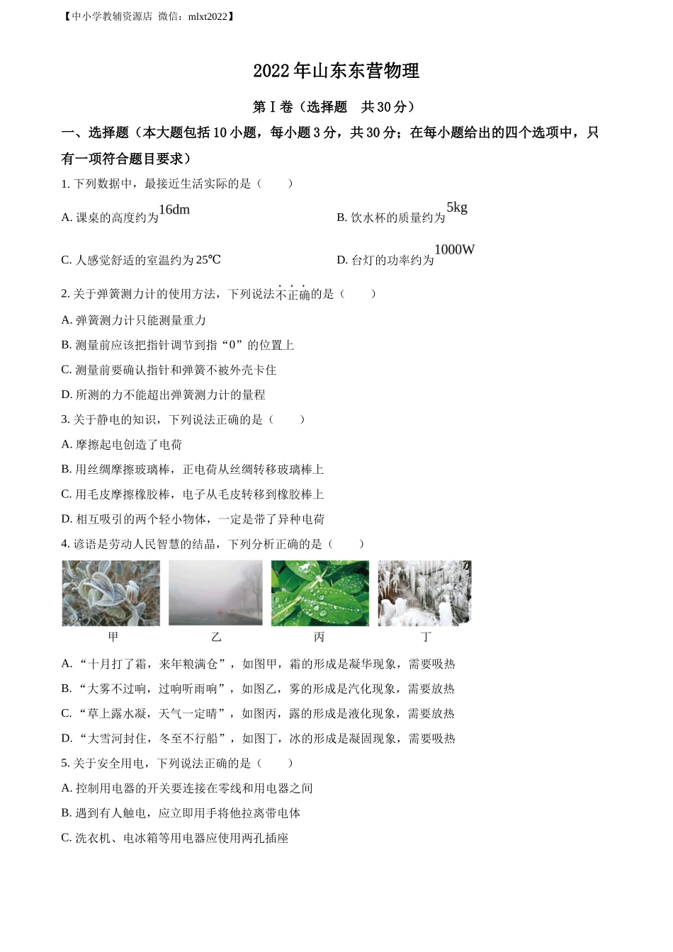 精品解析：2022年山东省东营市中考物理试题（原卷版）_第1页