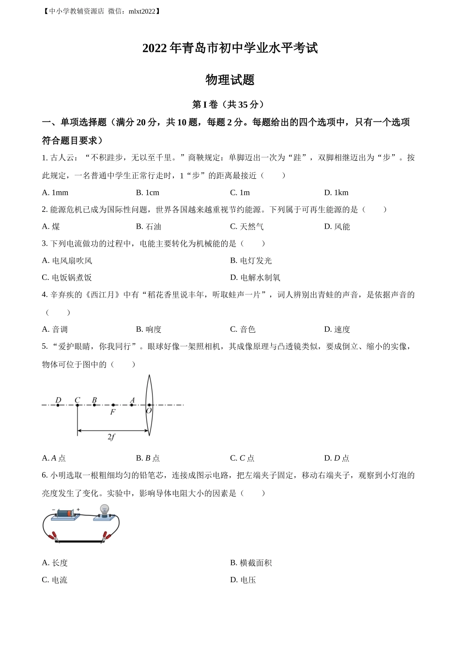 精品解析：2022年山东省青岛市中考物理试题（原卷版）_第1页