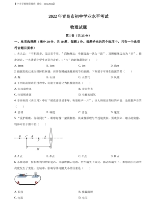 精品解析：2022年山东省青岛市中考物理试题（原卷版）
