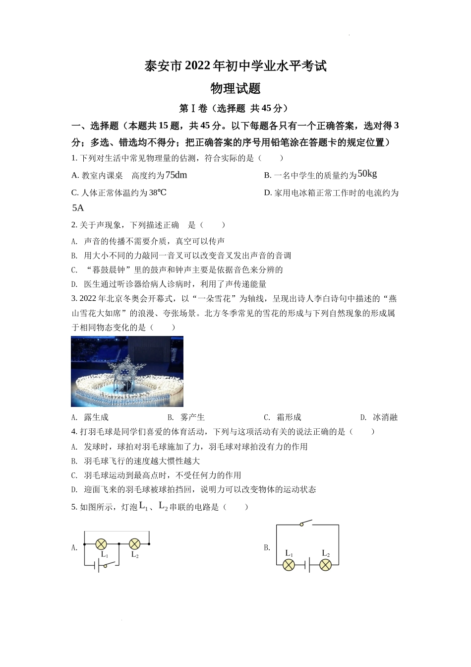 精品解析：2022年山东省泰安市中考物理真题（原卷版）_第1页
