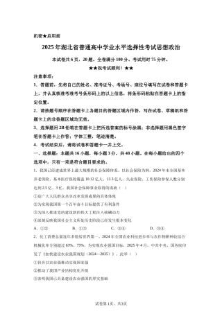 【湖北】2025年高考湖北卷政治高考真题文档版
