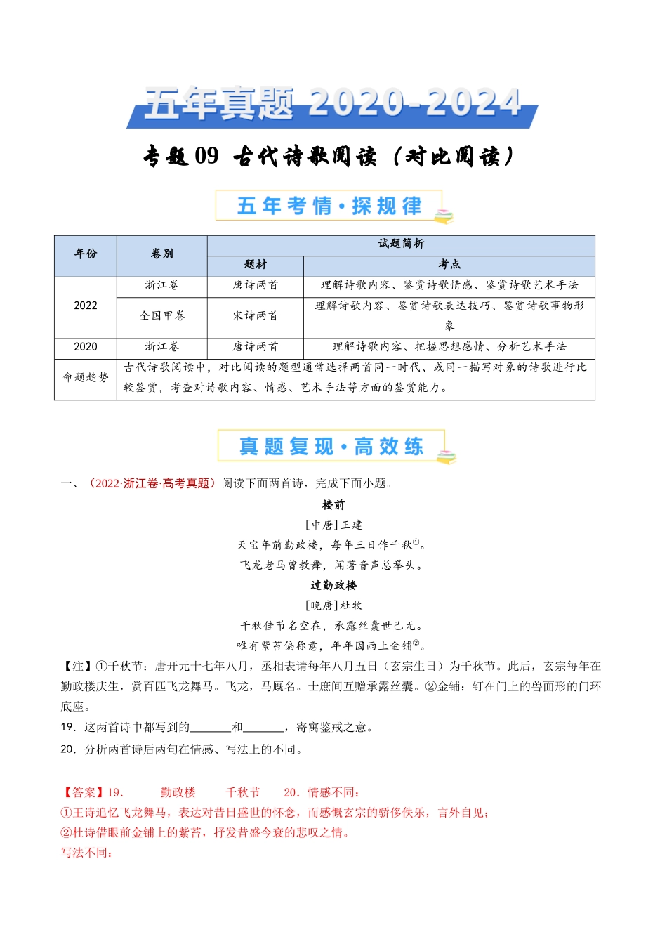 专题 古代诗歌阅读（对比阅读）（教师卷）_第1页