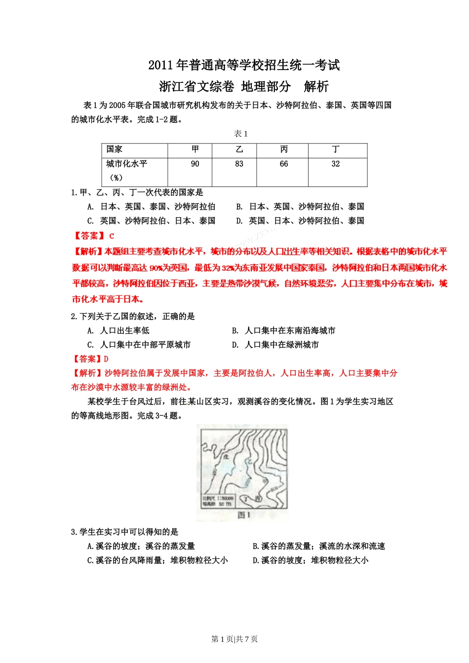 2011年高考地理试卷（浙江）（解析卷）_第1页