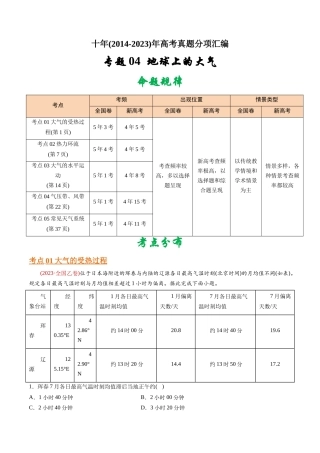 专题  地球上的大气-十年（2014-2023）高考地理真题分专题训练（学生版）