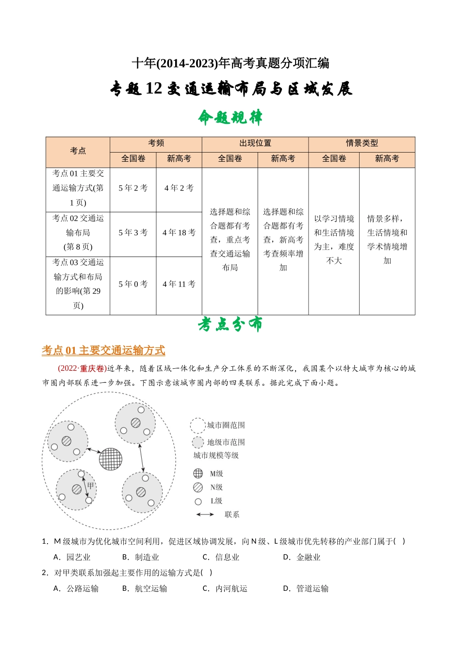专题 交通运输布局与区域发展-十年（2014-2023）高考地理真题分专题训练（学生版）_第1页