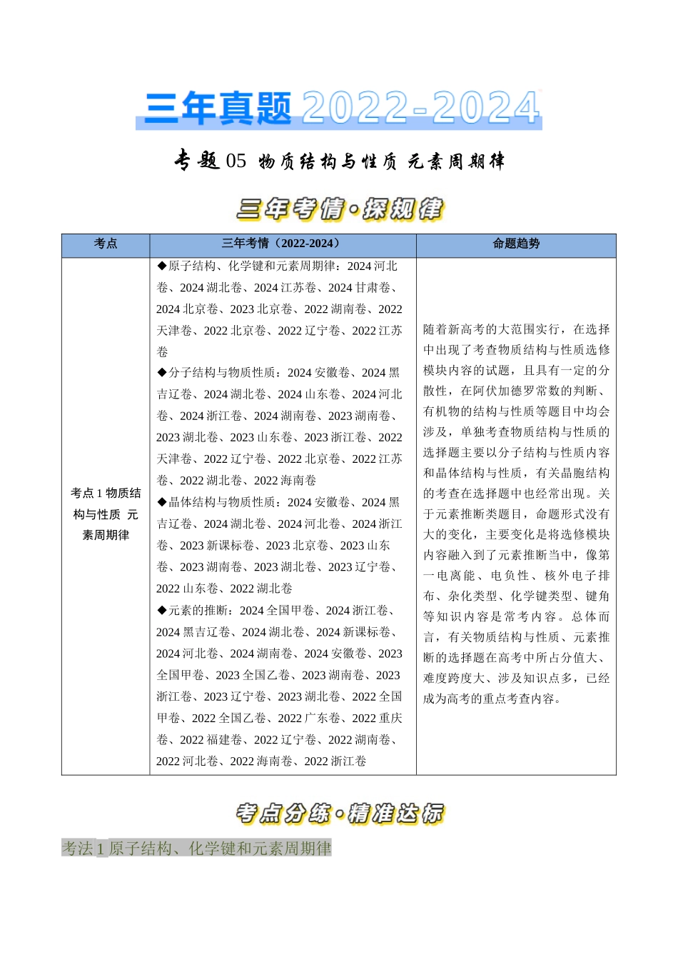 专题 物质结构与性质 元素周期律-三年（2022-2024）高考化学真题分类汇编（全国通用）（学生卷）_第1页