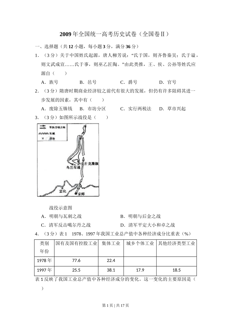 2009年高考历史试卷（全国卷Ⅱ）（解析卷）_第1页