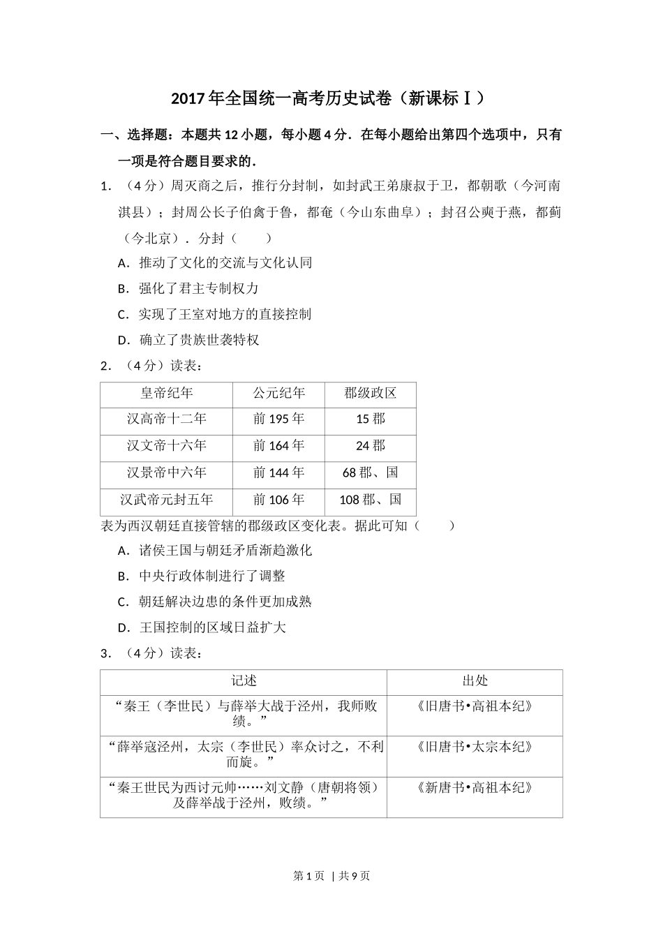 2017年高考历史试卷（新课标Ⅰ）（空白卷）_第1页