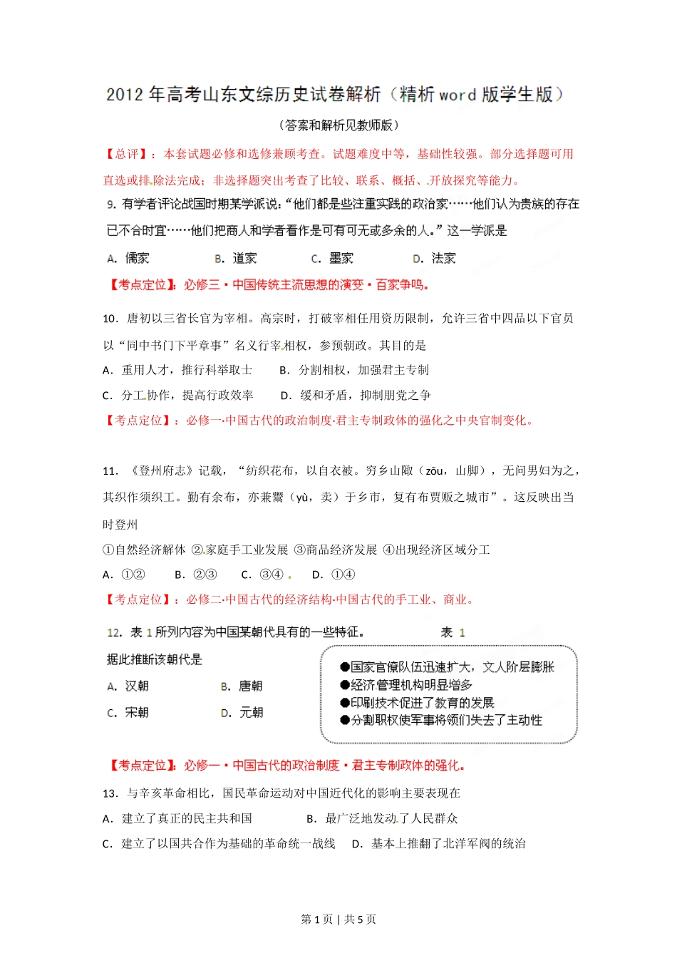 2012年高考历史试卷（山东）（空白卷）_第1页