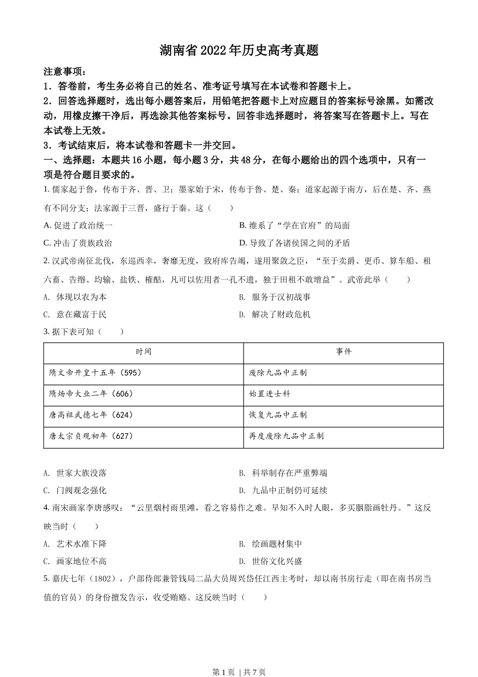 2022年高考历史试卷（湖南）（空白卷）_第1页