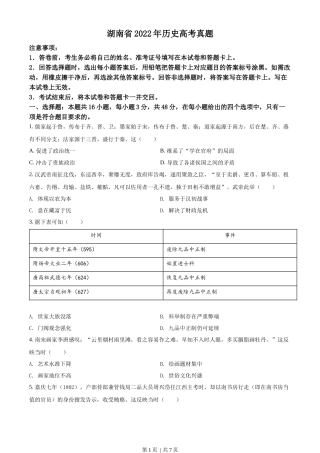 2022年高考历史试卷（湖南）（空白卷）