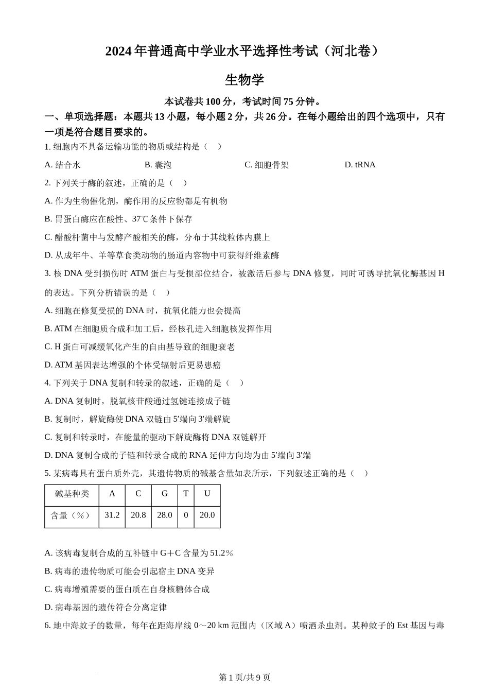 2024年高考生物试卷（河北）（空白卷）_第1页