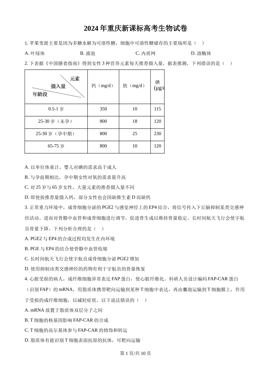 2024年高考生物试卷（重庆）（空白卷）_第1页