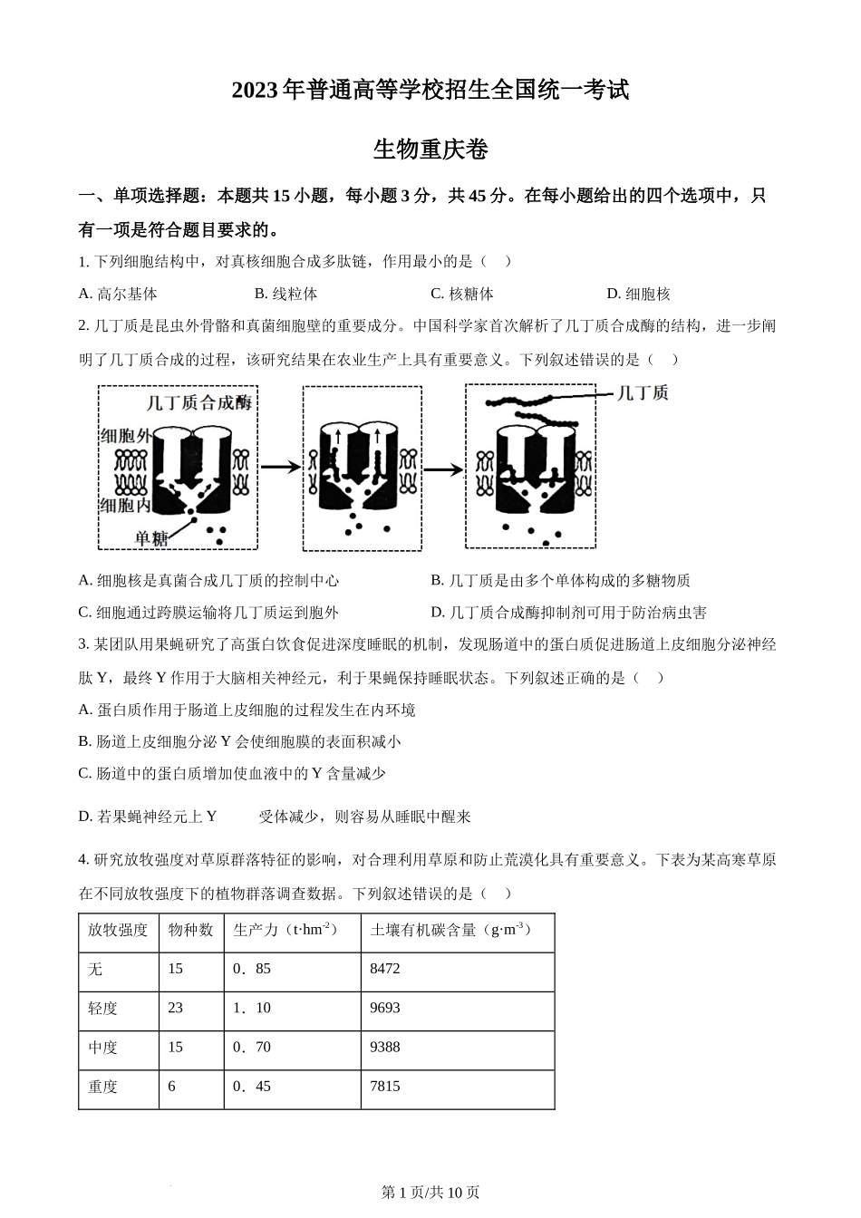 2023年高考生物试卷（重庆）（空白卷）_第1页