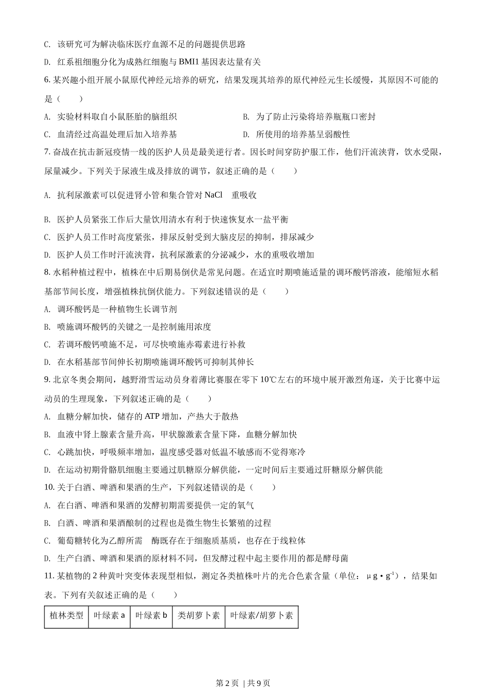 2022年高考生物试卷（湖北）（空白卷）_第2页