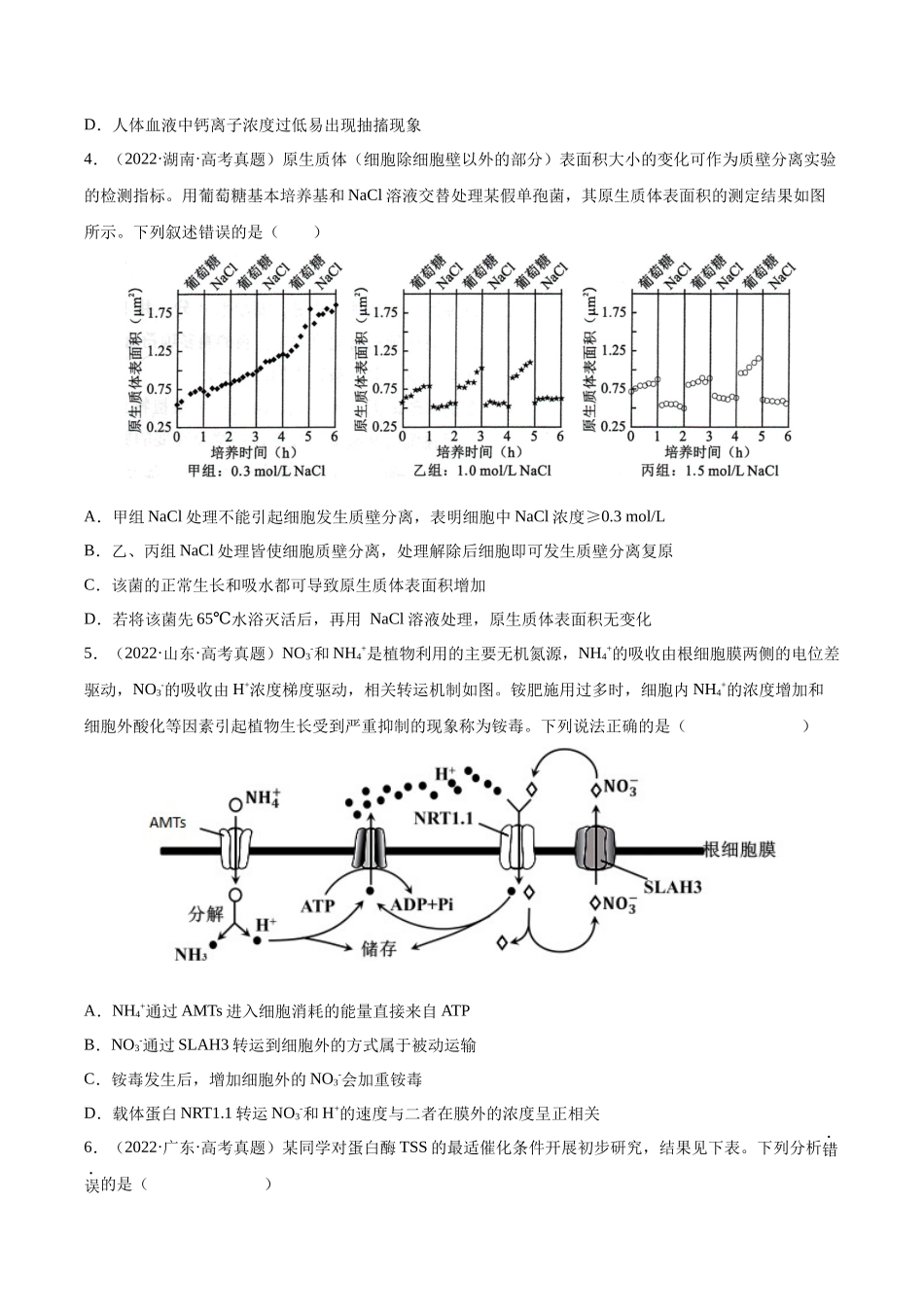 专题 细胞的物质运输、酶与ATP-十年（2013-2022）高考生物真题分项汇编（全国通用）（学生版）_第2页