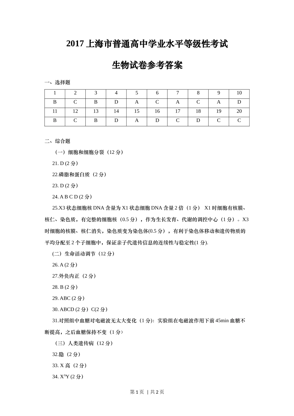 2017年高考生物试卷（上海）（答案卷）_第1页