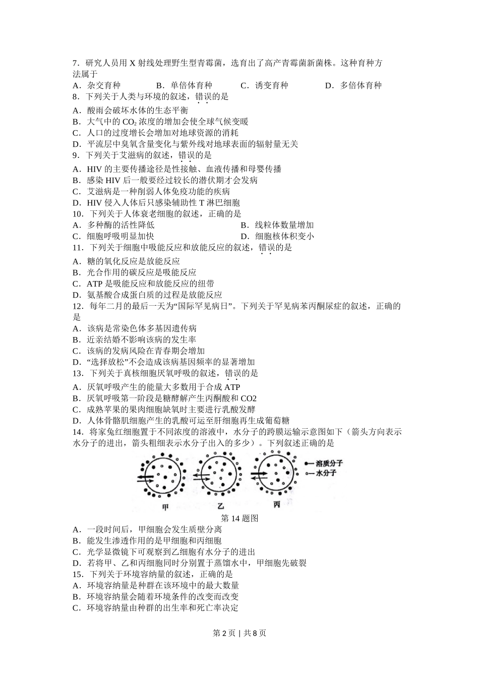 2017年高考生物试卷（浙江）【4月】（空白卷）_第2页
