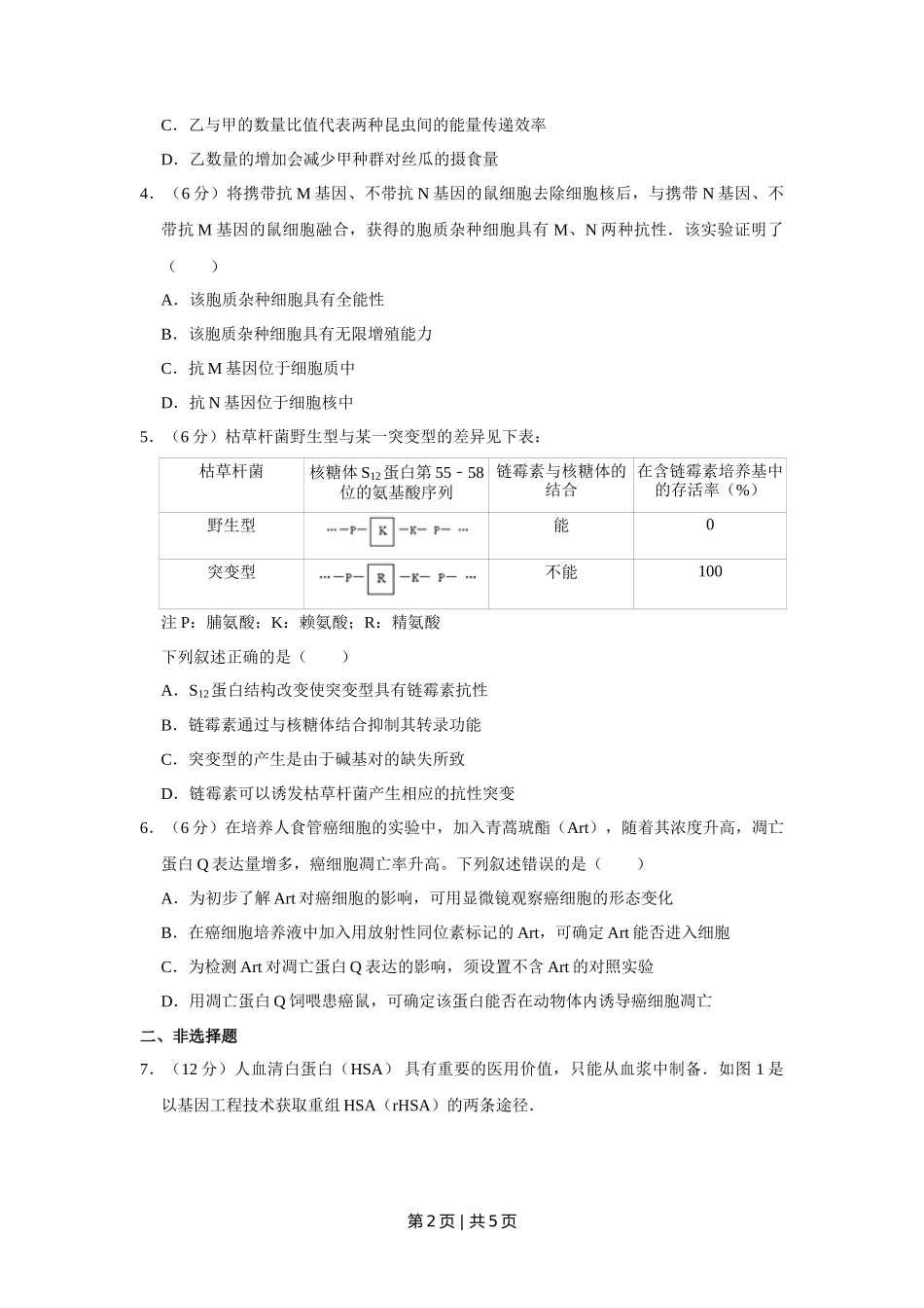 2016年高考生物试卷（天津）（空白卷）_第2页