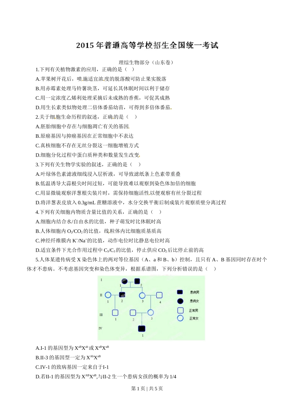 2015年高考生物试卷（山东）（空白卷）_第1页