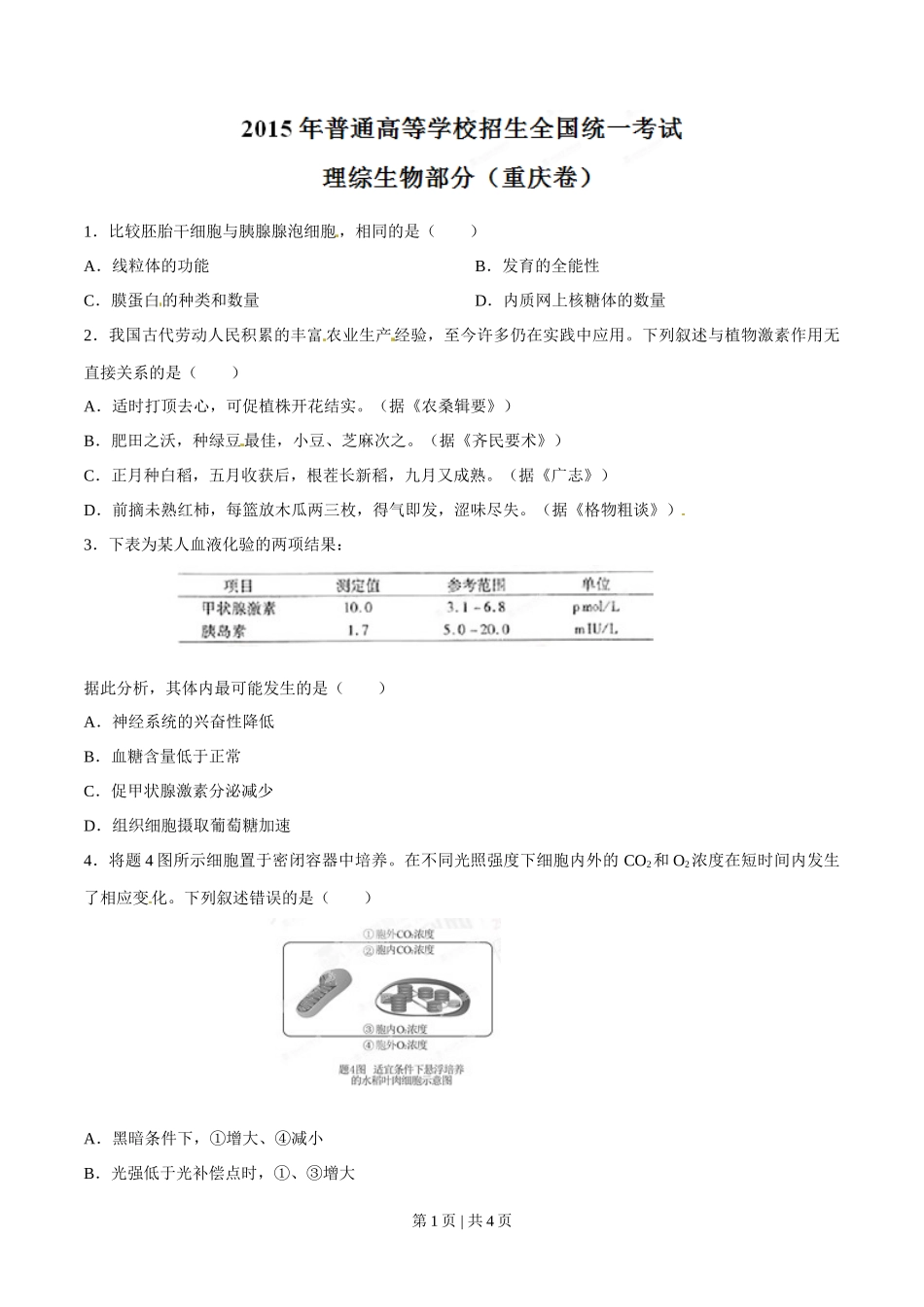 2015年高考生物试卷（重庆）（空白卷）_第1页