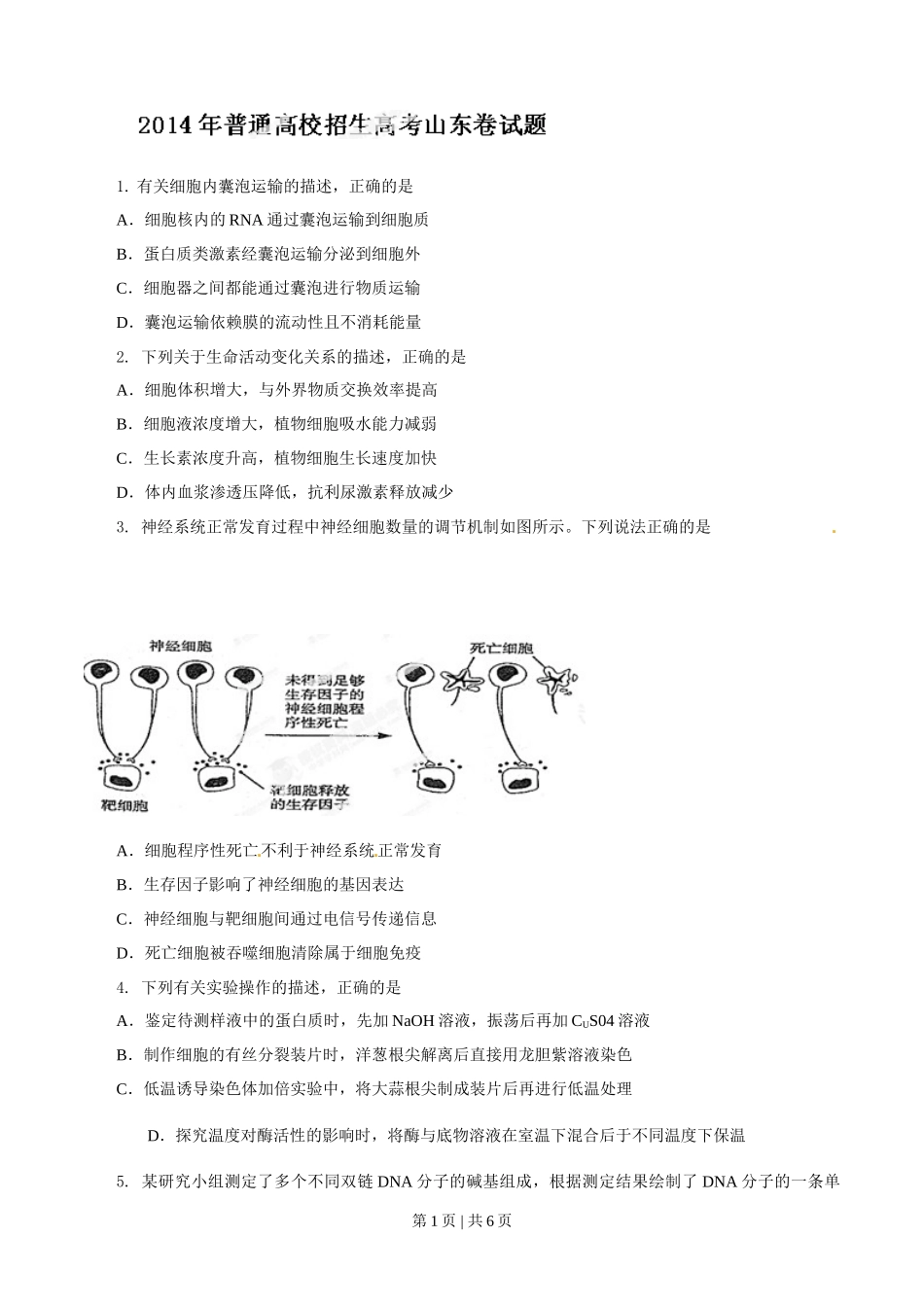 2014年高考生物试卷（山东）（空白卷）_第1页