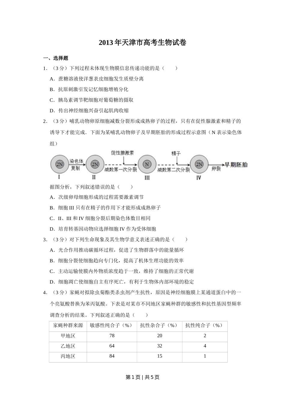 2013年高考生物试卷（天津）（空白卷）_第1页