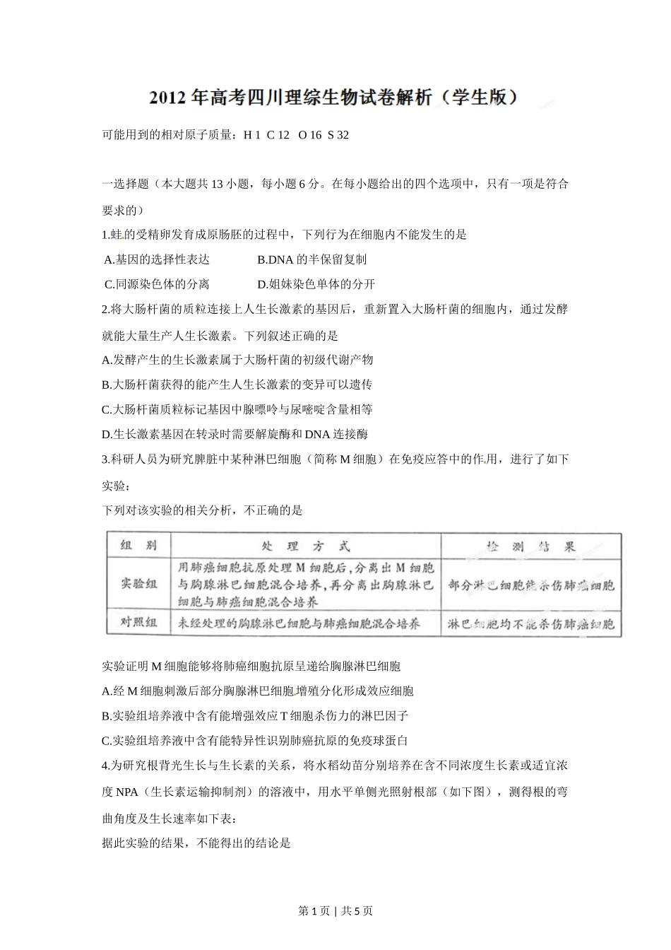2012年高考生物试卷（四川）（空白卷）_第1页