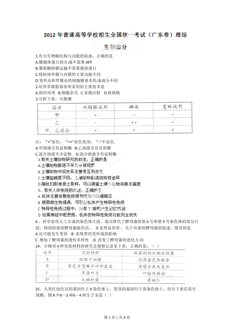2012年高考生物试卷（广东）（空白卷）_第1页