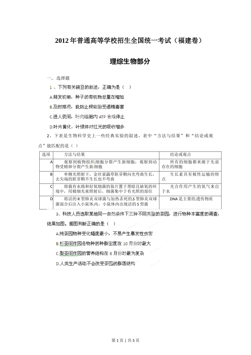 2012年高考生物试卷（福建）（空白卷）_第1页