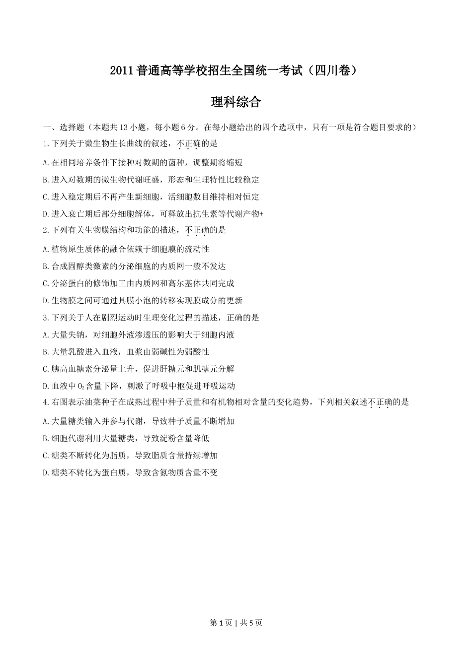 2011年高考生物试卷（四川）（空白卷）_第1页