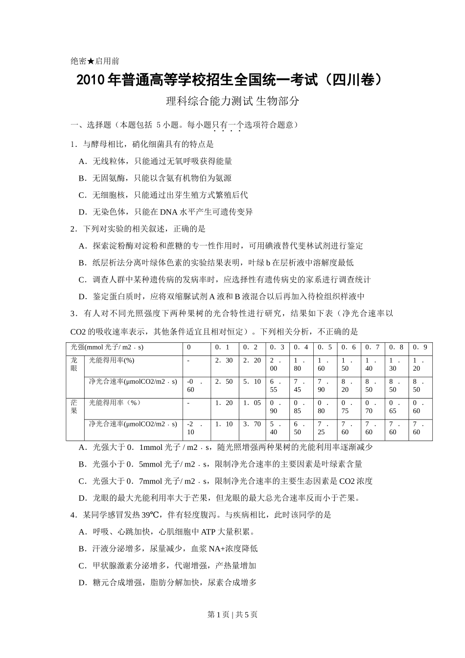2010年高考生物试卷（四川）（解析卷）_第1页