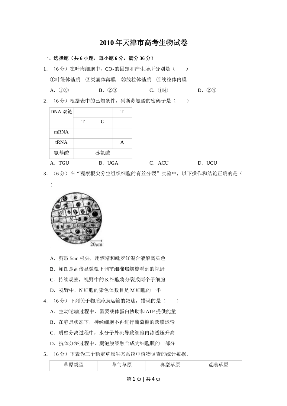 2010年高考生物试卷（天津）（空白卷）_第1页