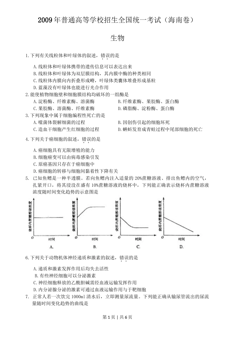 2009年高考生物试卷（海南）（空白卷）_第1页