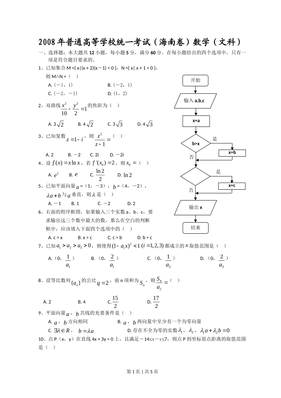 2008年高考数学试卷（文）（新课标）（海南宁夏）（空白卷）_第1页
