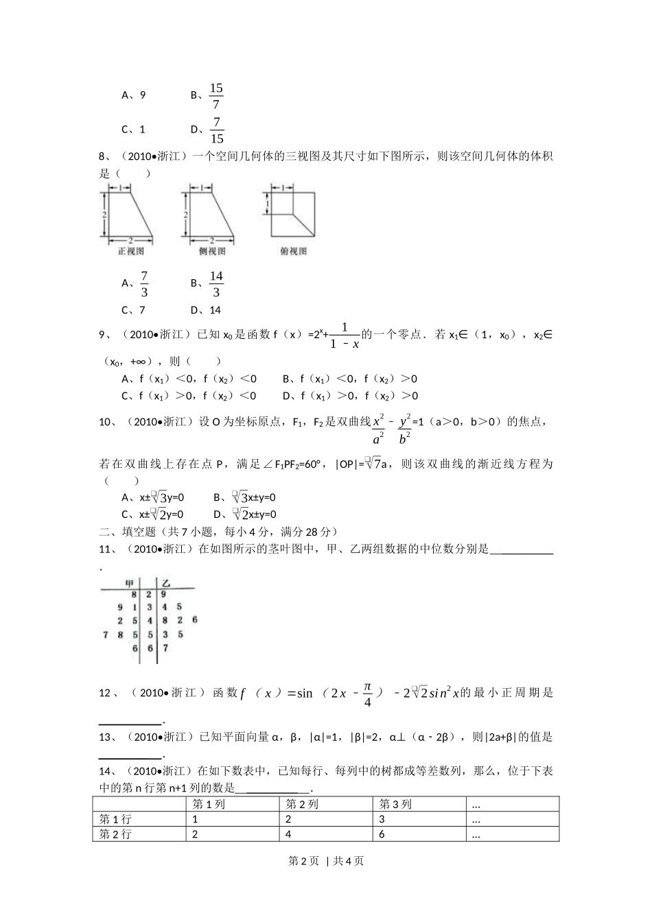 2010年高考数学试卷（文）（浙江）（空白卷）_第2页