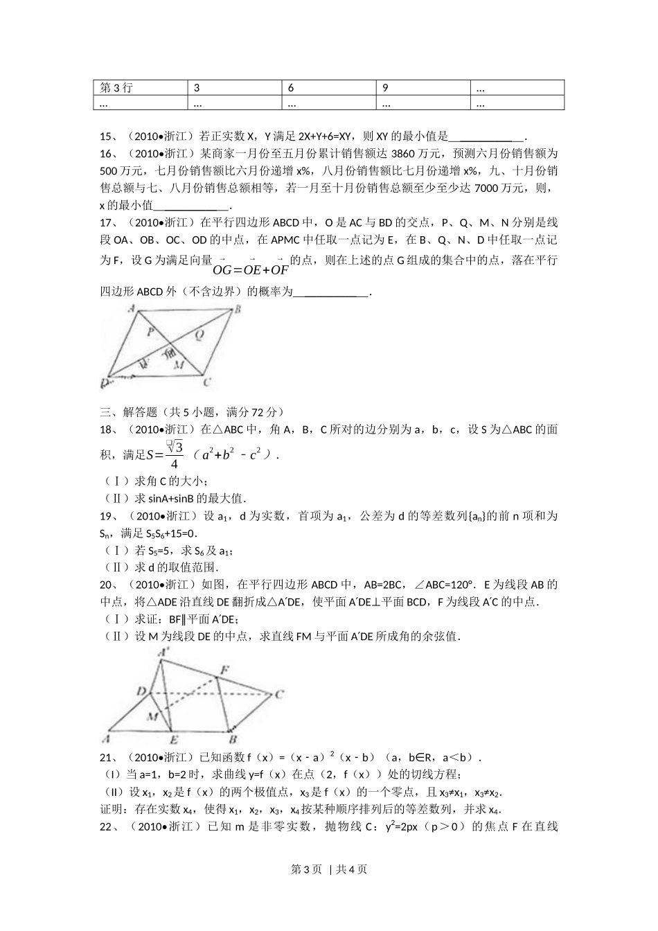 2010年高考数学试卷（文）（浙江）（空白卷）_第3页